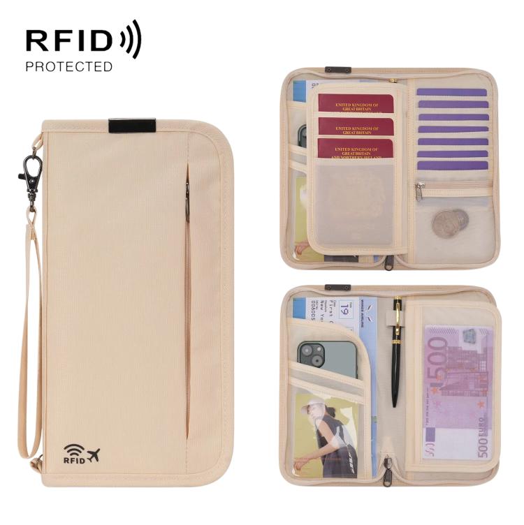 Khaki RFID passport organizer pouch with wrist strap and open compartments for cards and cash