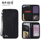 Black RFID passport organizer pouch with wrist strap and open card and ID compartments