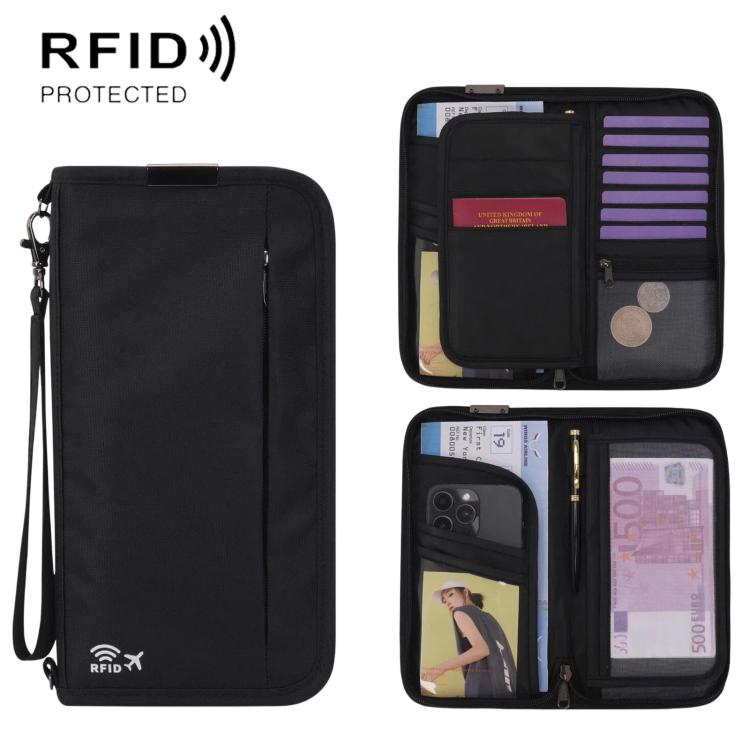 Black RFID passport organizer pouch with wrist strap and open card and ID compartments