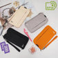 Assorted RFID passport organizer pouches in black, gray, khaki, and orange with wrist straps
