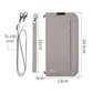 Gray passport ID organizer pouch size diagram, front zipper and wrist strap