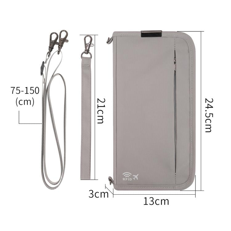 Gray passport ID organizer pouch size diagram, front zipper and wrist strap