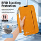 Orange RFID passport organizer pouch with front zipper pocket and wrist lanyard