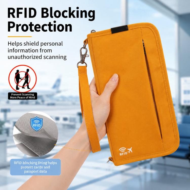 Orange RFID passport organizer pouch with front zipper pocket and wrist lanyard