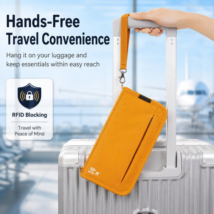 Orange RFID travel document pouch with strap for hands-free hanging on luggage