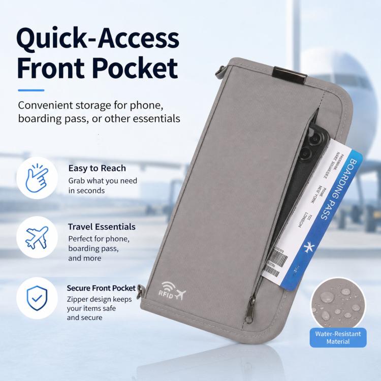 Gray RFID passport organizer pouch with front zip pocket for quick access