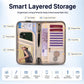 Beige RFID passport pouch open with ID window, card slots, and zippered mesh pocket