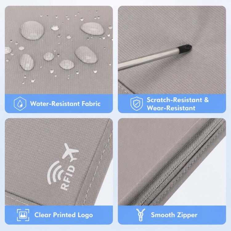 Gray RFID passport organizer pouch, clear logo, smooth zipper, crossbody strap