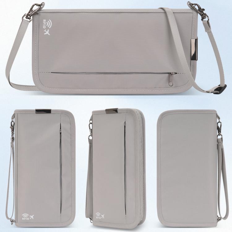 Light gray crossbody passport ID holder pouch with front zipper and adjustable strap