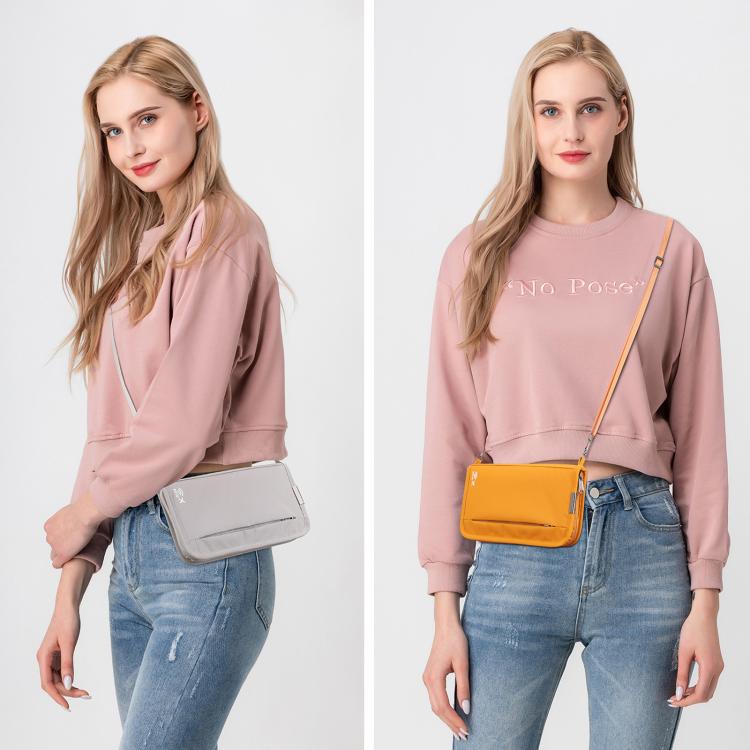 Gray and yellow crossbody passport ID pouches on models, worn with shoulder straps