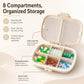 Wheat-straw pill organizer open with clear inner lids and divided tray of assorted pills
