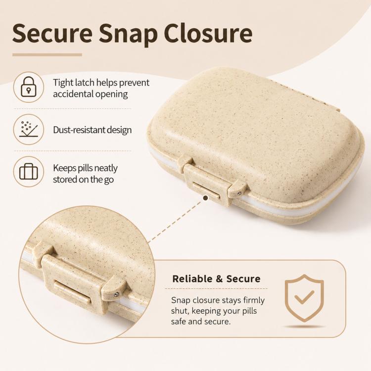 Wheat-straw pill organizer with secure snap closure and rounded, speckled lid