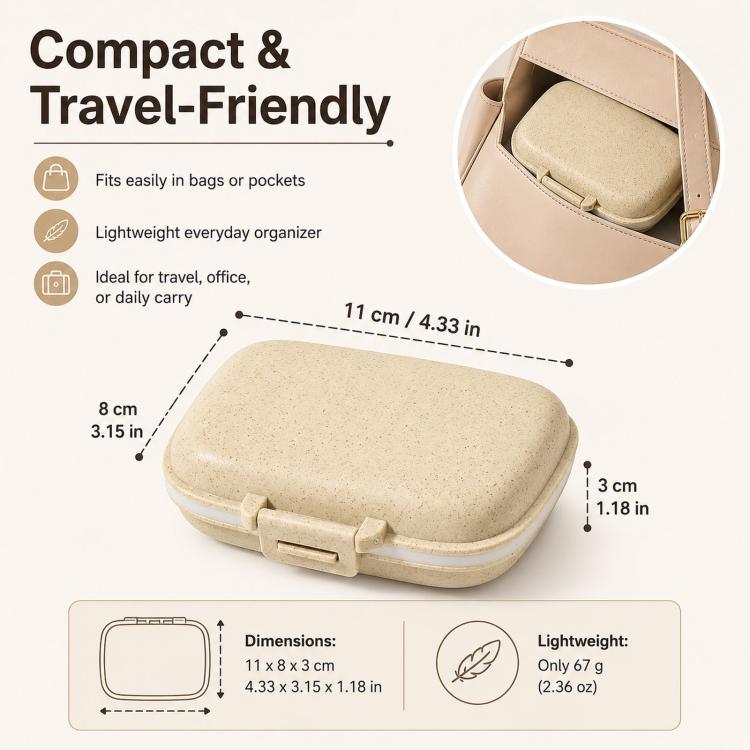 Wheat-straw pill organizer compact, rounded case with secure latch