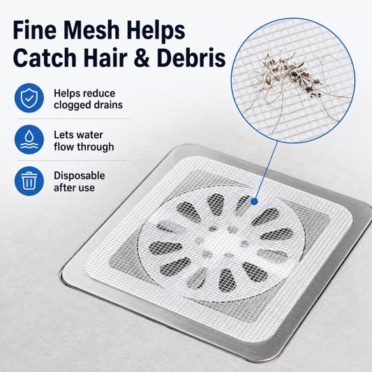 Square white mesh drain hair catcher sticker placed over a metal drain strainer