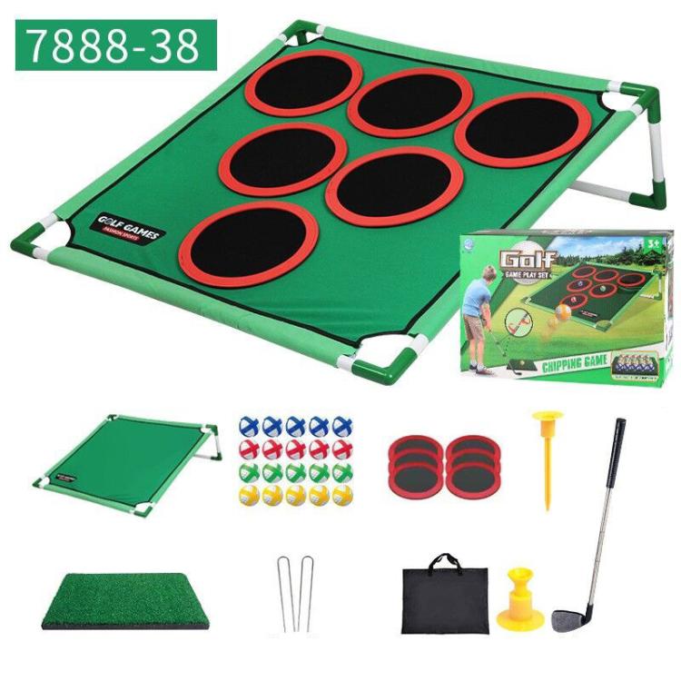 Green golf target mat kit with nine holes, balls, tee, and foldable stand frame