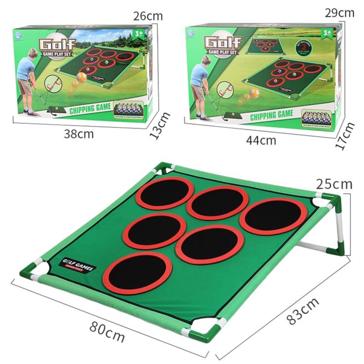 Green golf target practice mat with nine black holes in red rings and side frame