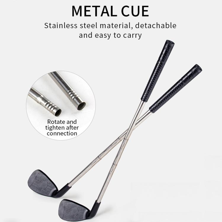 Golf target mat accessory: two stainless cue sticks with black foam club heads