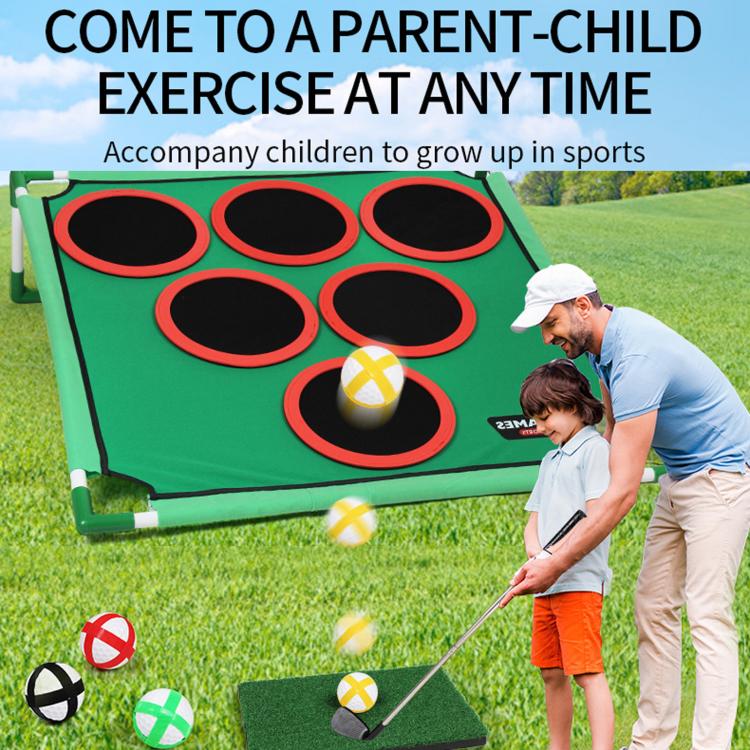 Green golf target mat with nine red-ring holes and foam balls for parent-child play