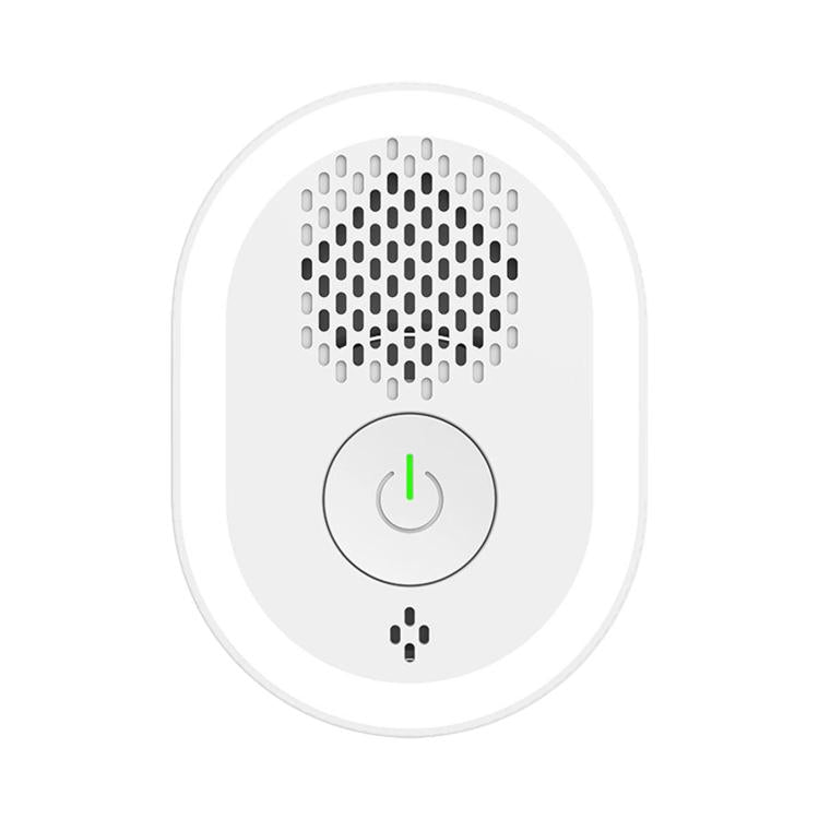 White plug-in ultrasonic repellent lamp with circular speaker grille and power button