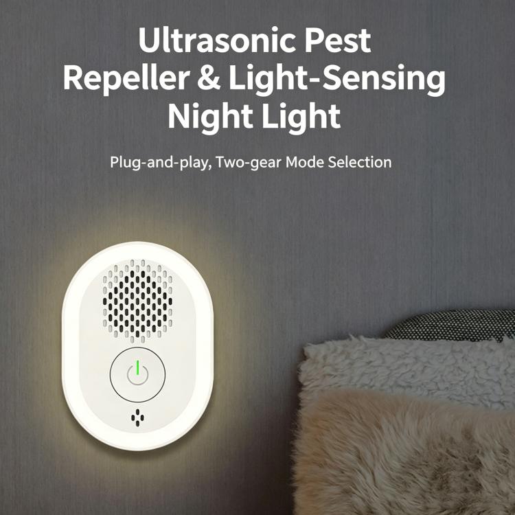 White wall-mounted ultrasonic pest repellent night light with glowing ring and control button