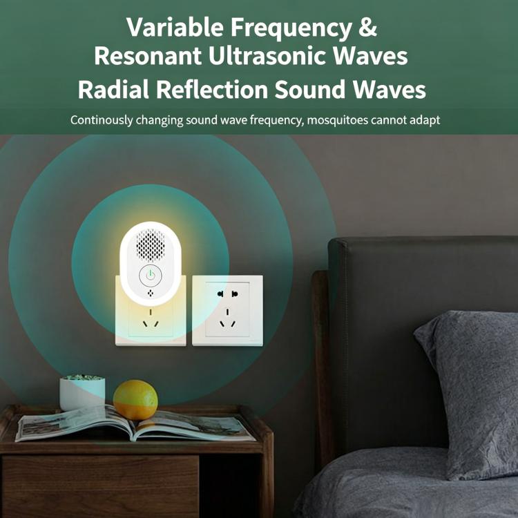 Plug-in ultrasonic repellent lamp with speaker grille and power switch in room setting