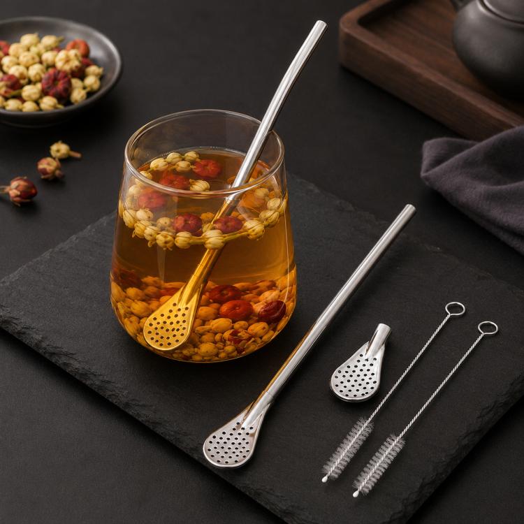 Silver stainless steel yerba mate straw with spoon filter ends and cleaning brush set