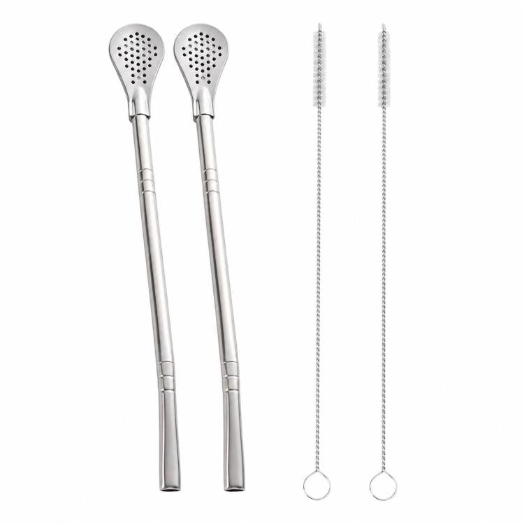 Stainless steel yerba mate straw spoon filters with two slender cleaning brushes