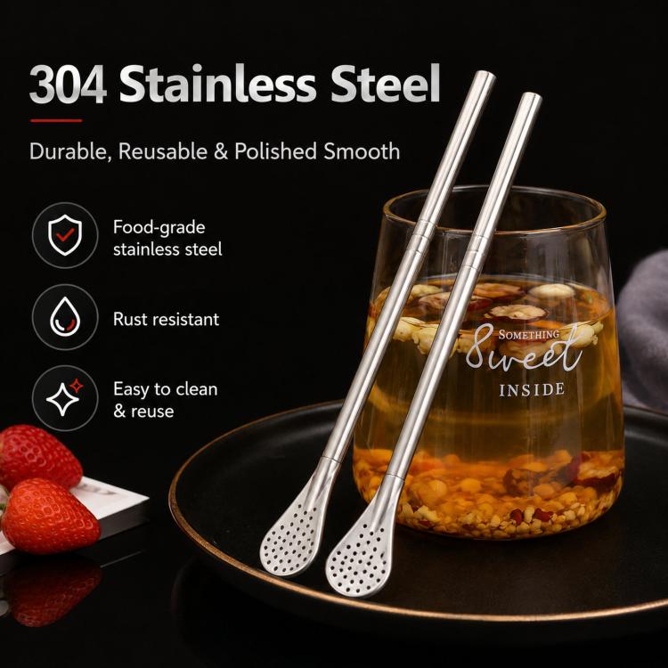 Two silver stainless steel yerba mate straw spoon filters with perforated ends