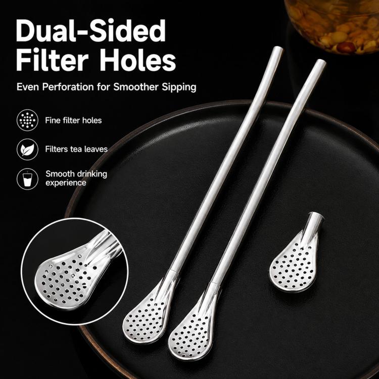 Close-up of perforated stainless steel straw spoon filter ends for yerba mate
