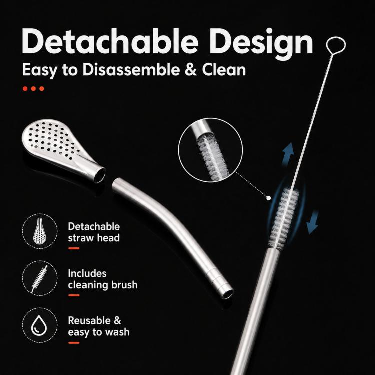 Detachable stainless steel yerba mate straw head with included cleaning brush