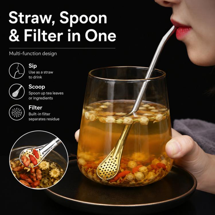 Stainless steel straw spoon filter for yerba mate, with removable strainer scoop