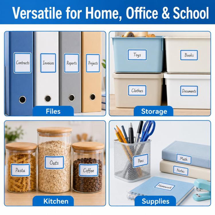 Blue-bordered write-on labels applied to office binders and storage containers