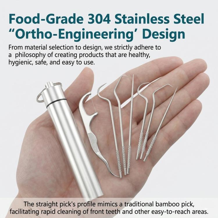 Stainless steel dental pick set with portable case and seven picks held in a hand