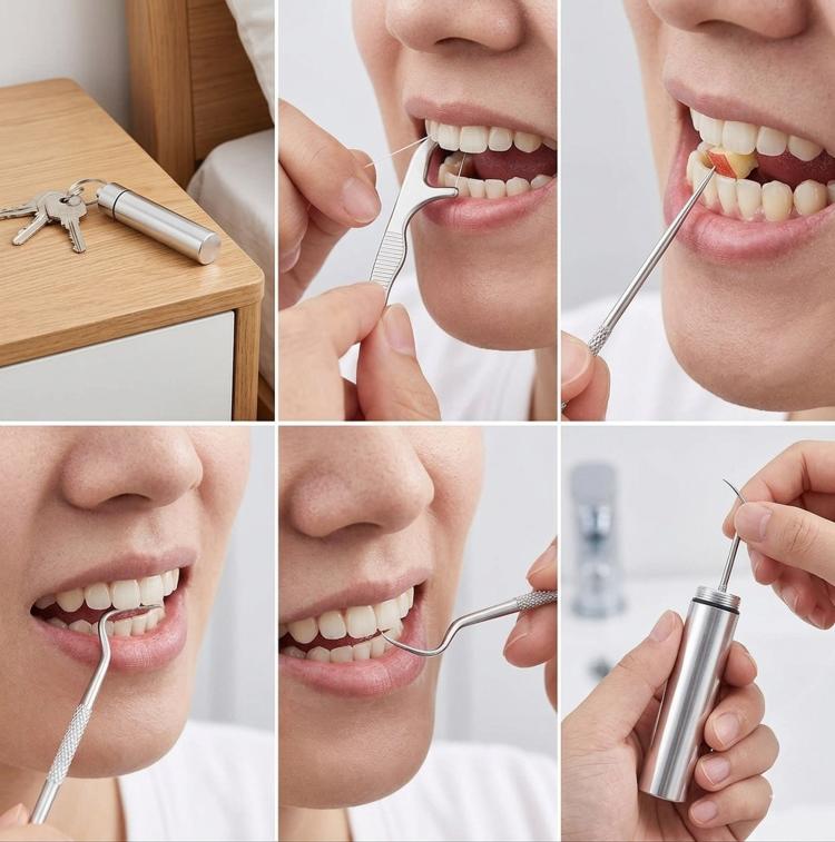 Stainless steel dental pick set in use with picks for cleaning between teeth