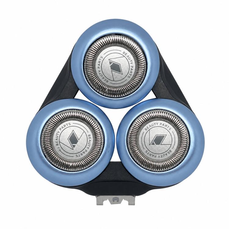 Tri-rotary replacement shaver head with blue foils and black base