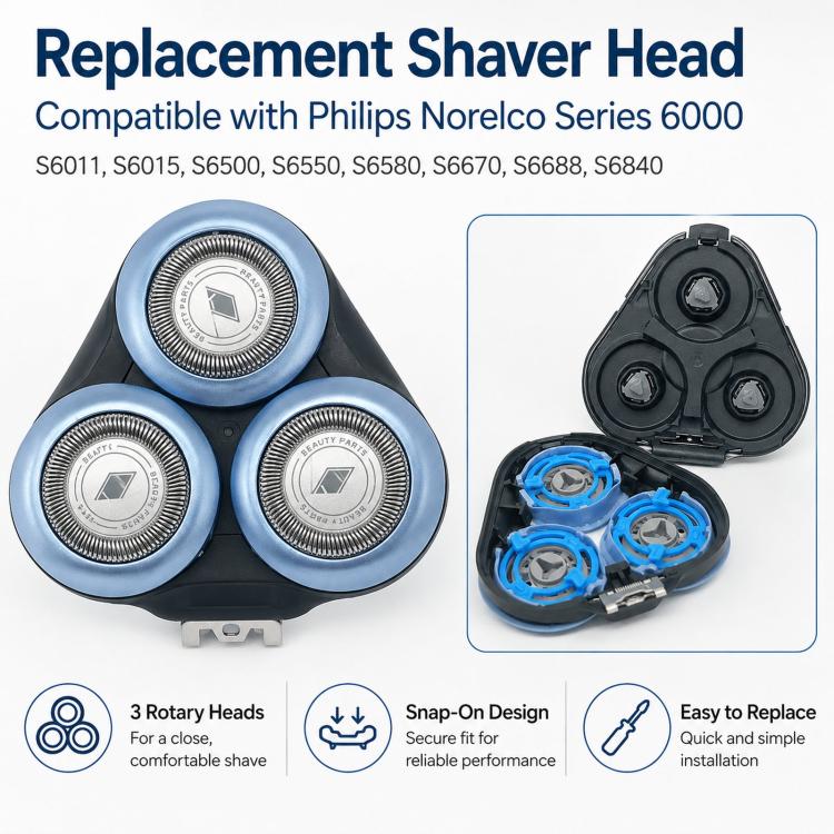 Replacement shaver head set with three rotary foils and open connector tray