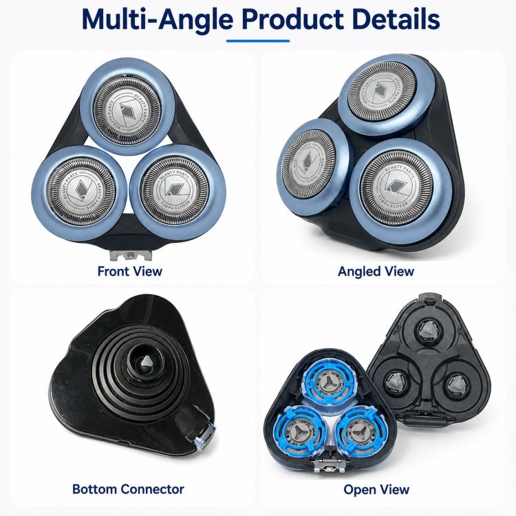 Replacement shaver head multi-angle view with open blue rotary foil assembly