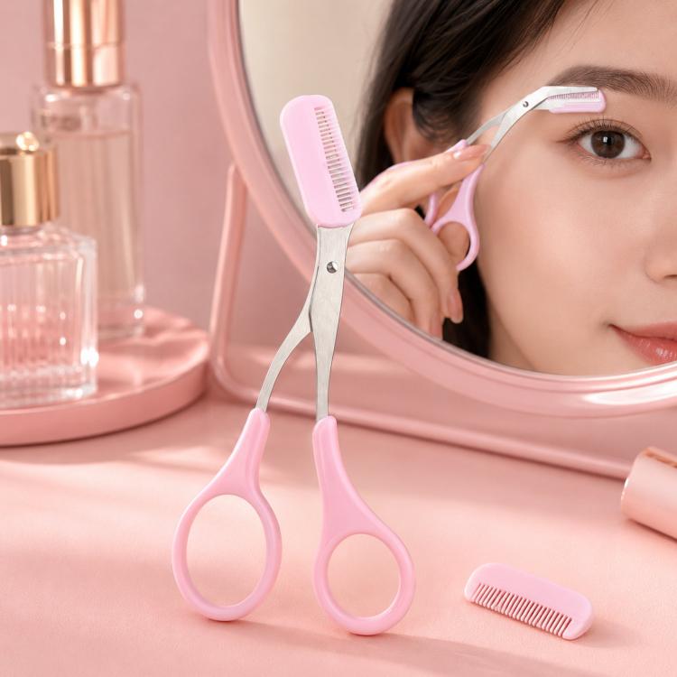 Pink and silver eyebrow trimming scissors with comb, curved stainless blades