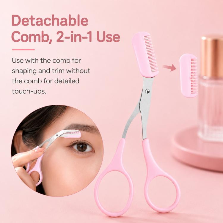 Eyebrow scissors with detachable pink comb attachment and curved stainless blades