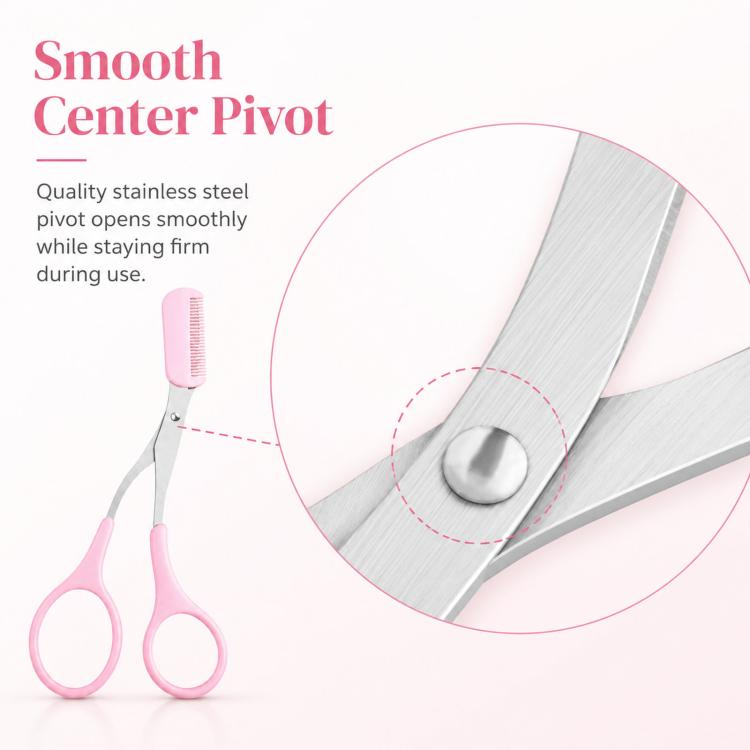 Curved stainless steel eyebrow scissors with pink comb and pivot blade