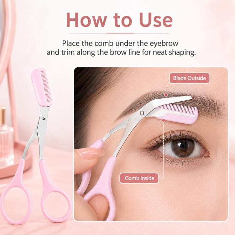 Eyebrow scissors with comb for shaping, pink handles and curved stainless blades