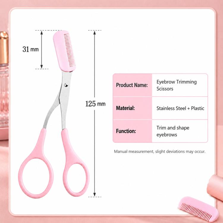 Eyebrow trimming scissors with comb, stainless steel blades, pink handle