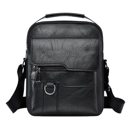 Black leather-look crossbody/handheld bag with top handle and front buckle strap.