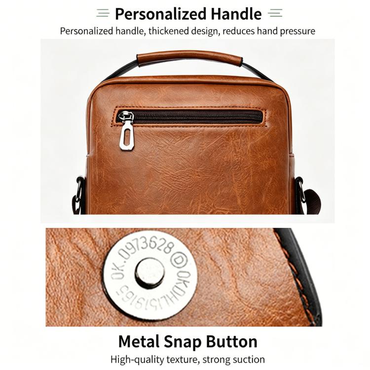 Brown leather-look bag showing top handle, metal snap button, and front zipper.