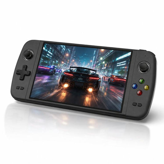 Black handheld gaming console with 7-inch screen and built-in controls