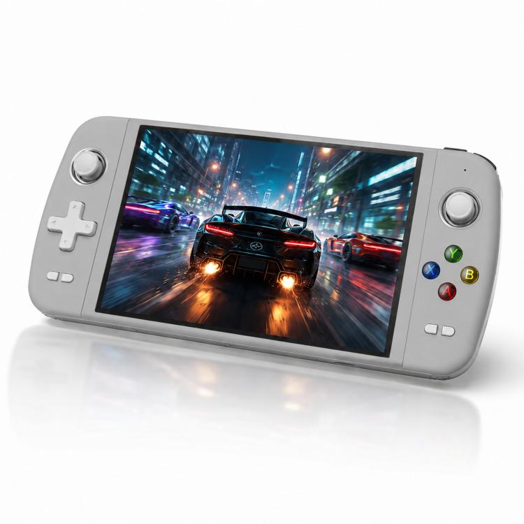 Gray handheld gaming console with 7-inch screen and right-side face buttons