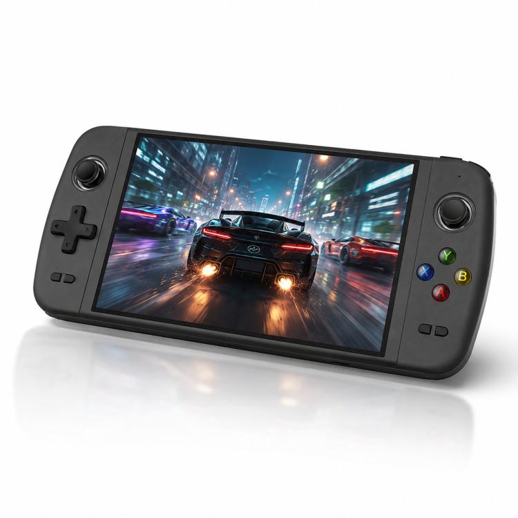 Black handheld gaming console with thumbsticks, D-pad, and 7-inch display