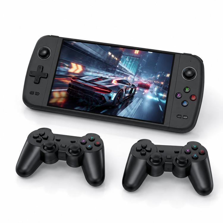 Black handheld gaming console with two black game controllers