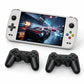 White handheld gaming console with dual black wireless gamepad controllers and 7-inch screen