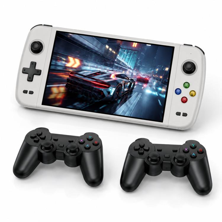 White handheld gaming console with dual black wireless gamepad controllers and 7-inch screen